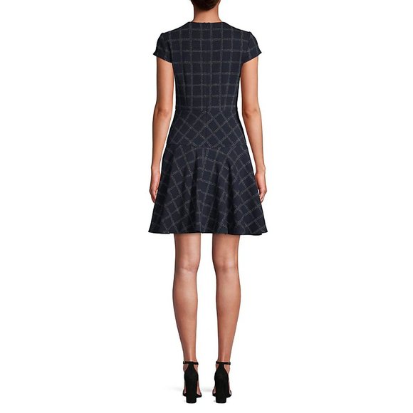 NEW! Eliza J Windowpane Cotton Blend Fit-& Flare Navy blue Dress, size 6 - Picture 5 of 14